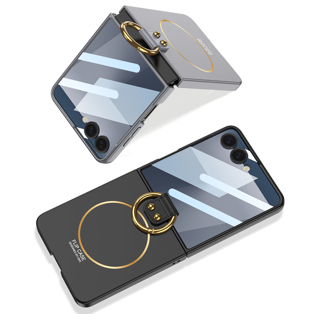 Galaxy Z Flip 7 Kılıf M-safe Şarj Özellikli Zore Kıpta Yüzüklü Flip Sert Kapak Gri