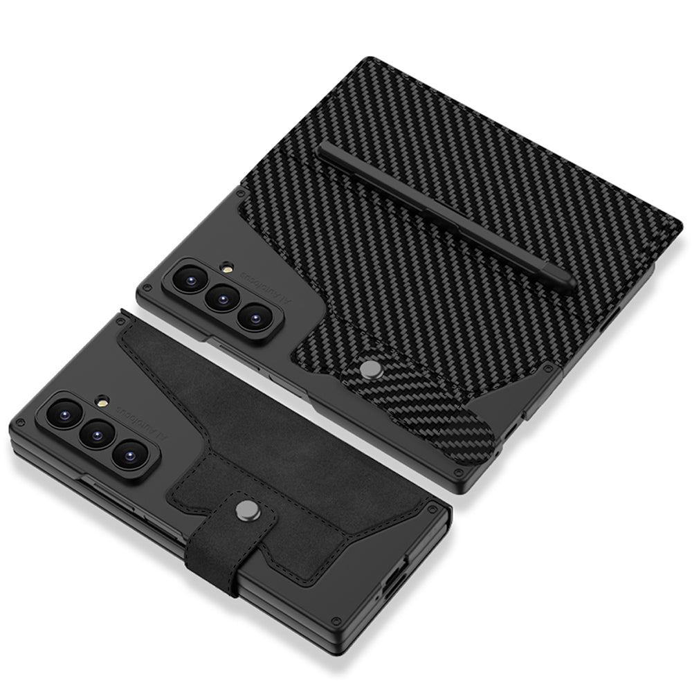 Galaxy Z Fold 7 Kılıf Kamera Korumalı Karbon Tasarımlı Zore Kıpta Kalem Bölmeli Fest Kapak Siyah