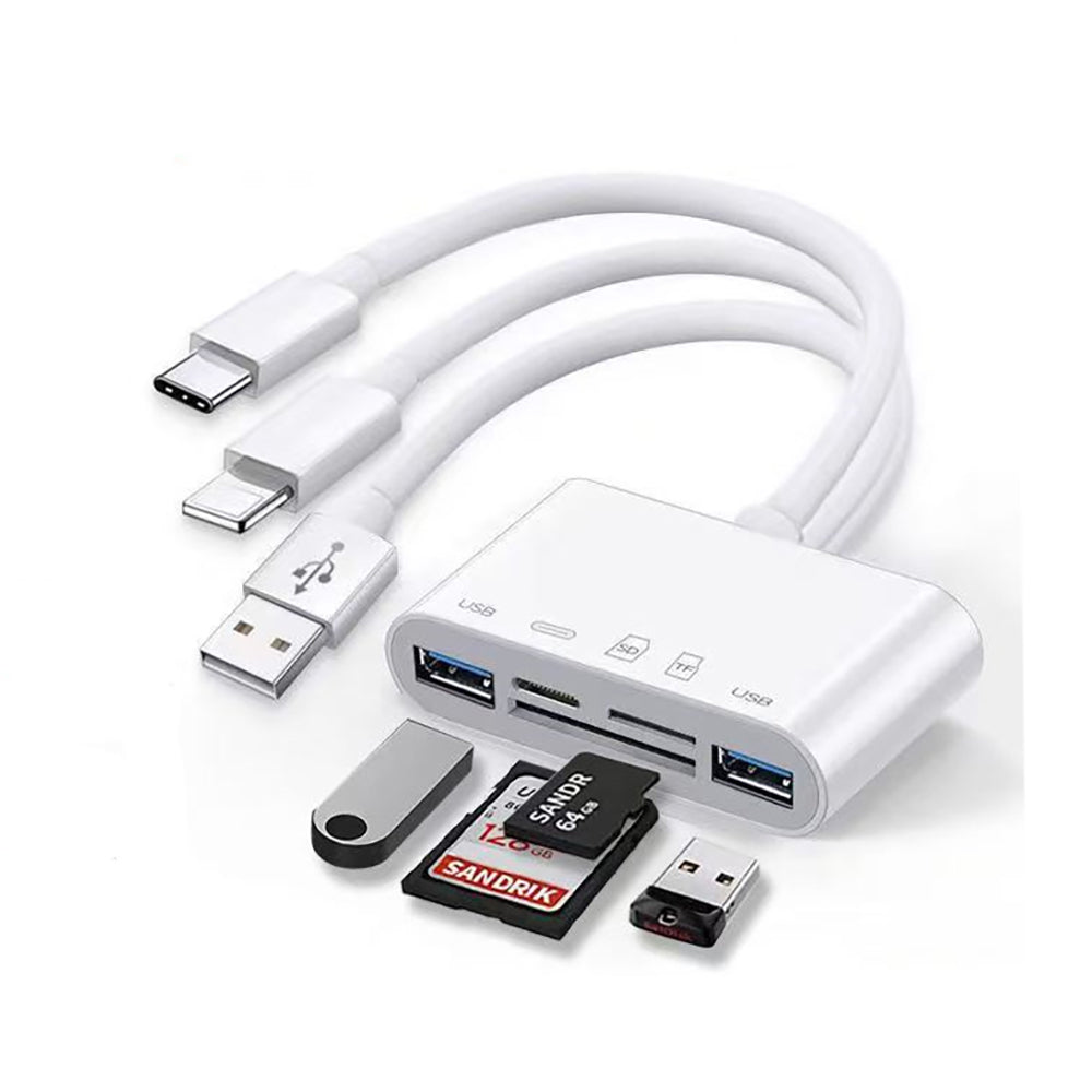 Zore All Round 5in1 Type-C & Lightning & USB Çıkışlı OTG Hafıza Kart Okuyucu Beyaz