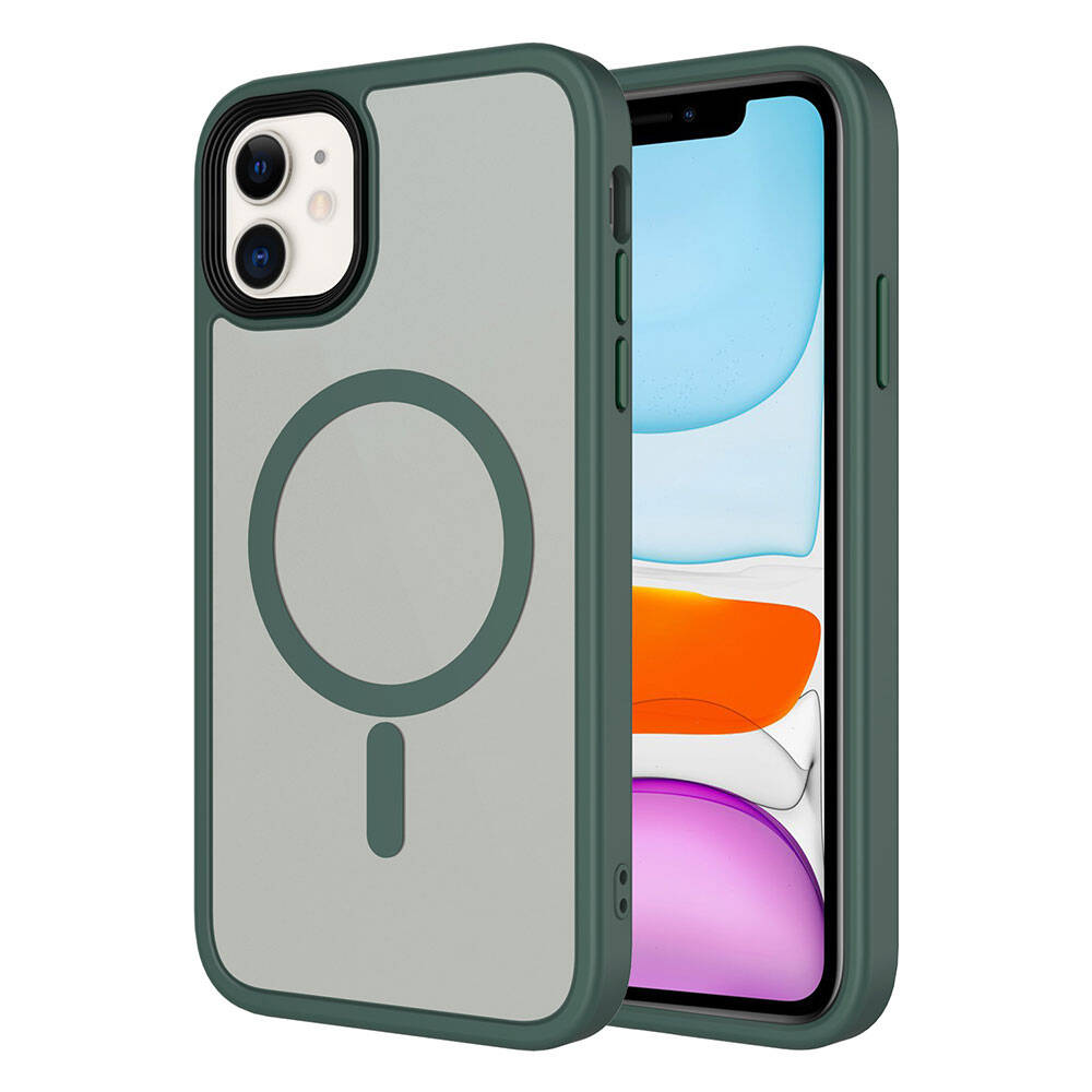 Apple iPhone 11 Kılıf Mat Arka Yüzey Wireless Şarj Özellikli Zore Flet Magsafe Kapak Koyu Yeşil
