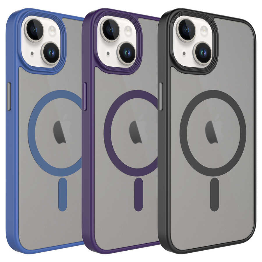 Apple iPhone 14 Kılıf Mat Arka Yüzey Wireless Şarj Özellikli Zore Flet Magsafe Kapak Mavi