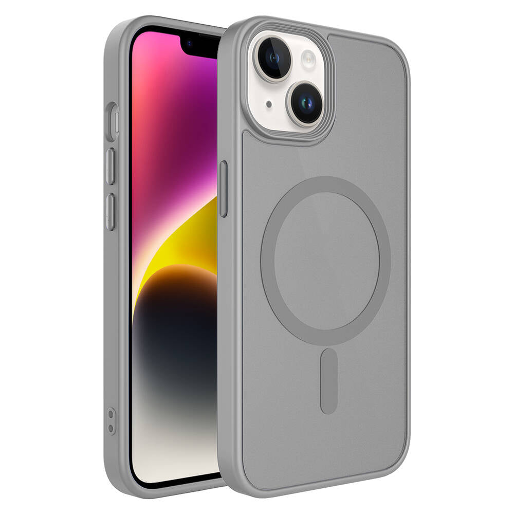 Apple iPhone 14 Kılıf Mat Arka Yüzey Wireless Şarj Özellikli Zore Flet Magsafe Kapak Gri