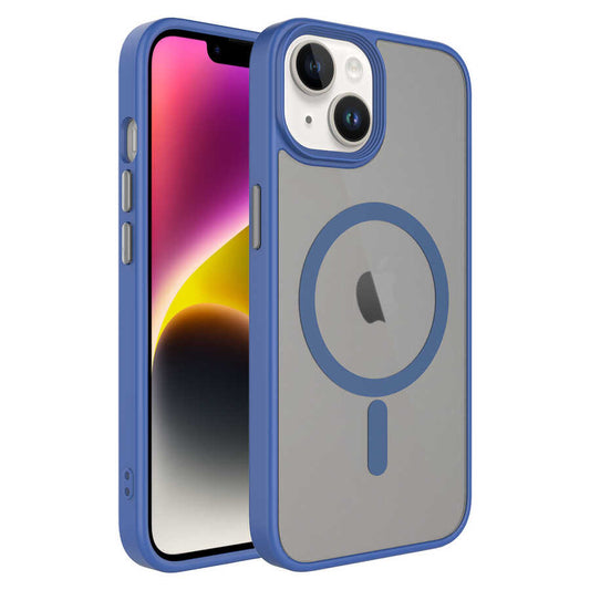 Apple iPhone 14 Plus Kılıf Mat Arka Yüzey Wireless Şarj Özellikli Zore Flet Magsafe Kapak Mavi