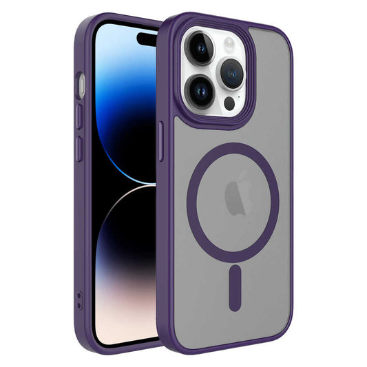 Apple iPhone 14 Pro Kılıf Mat Arka Yüzey Wireless Şarj Özellikli Zore Flet Magsafe Kapak Derin Mor