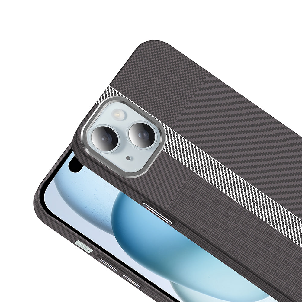 Apple iPhone 15 Kılıf M-safe Şarj Özellikli Karbon Fiber Görünümlü Zore Gros Kapak Gold-Siyah