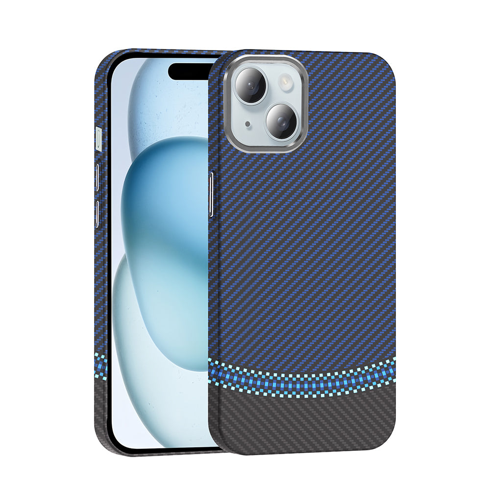 Apple iPhone 15 Kılıf M-safe Şarj Özellikli Karbon Fiber Görünümlü Zore Gros Kapak Siyah-Lacivert