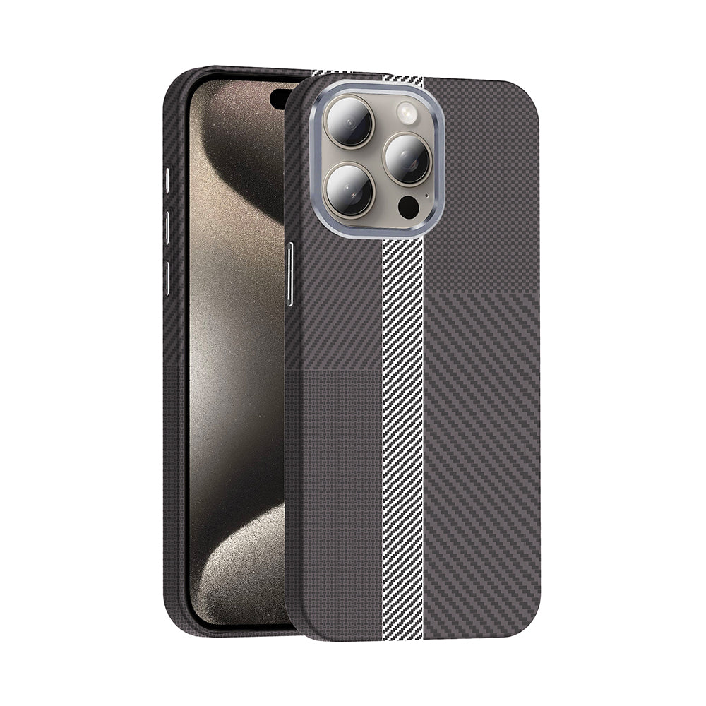 Apple iPhone 15 Pro Kılıf M-safe Şarj Özellikli Karbon Fiber Görünümlü Zore Gros Kapak Gri-Siyah