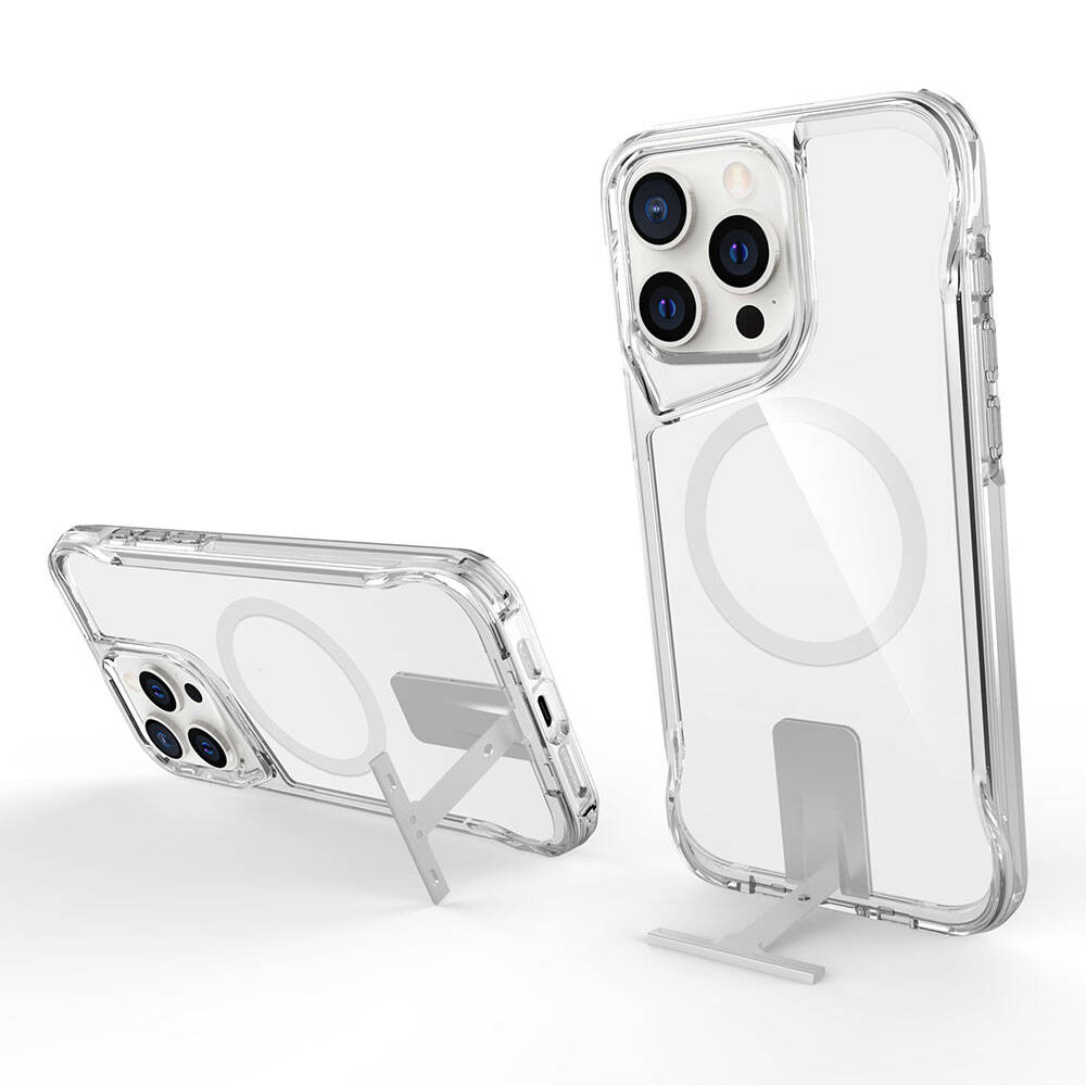 Apple iPhone 15 Pro Kılıf Magsafe Şarj Özellikli Zore T-Max Standlı Kapak Renksiz