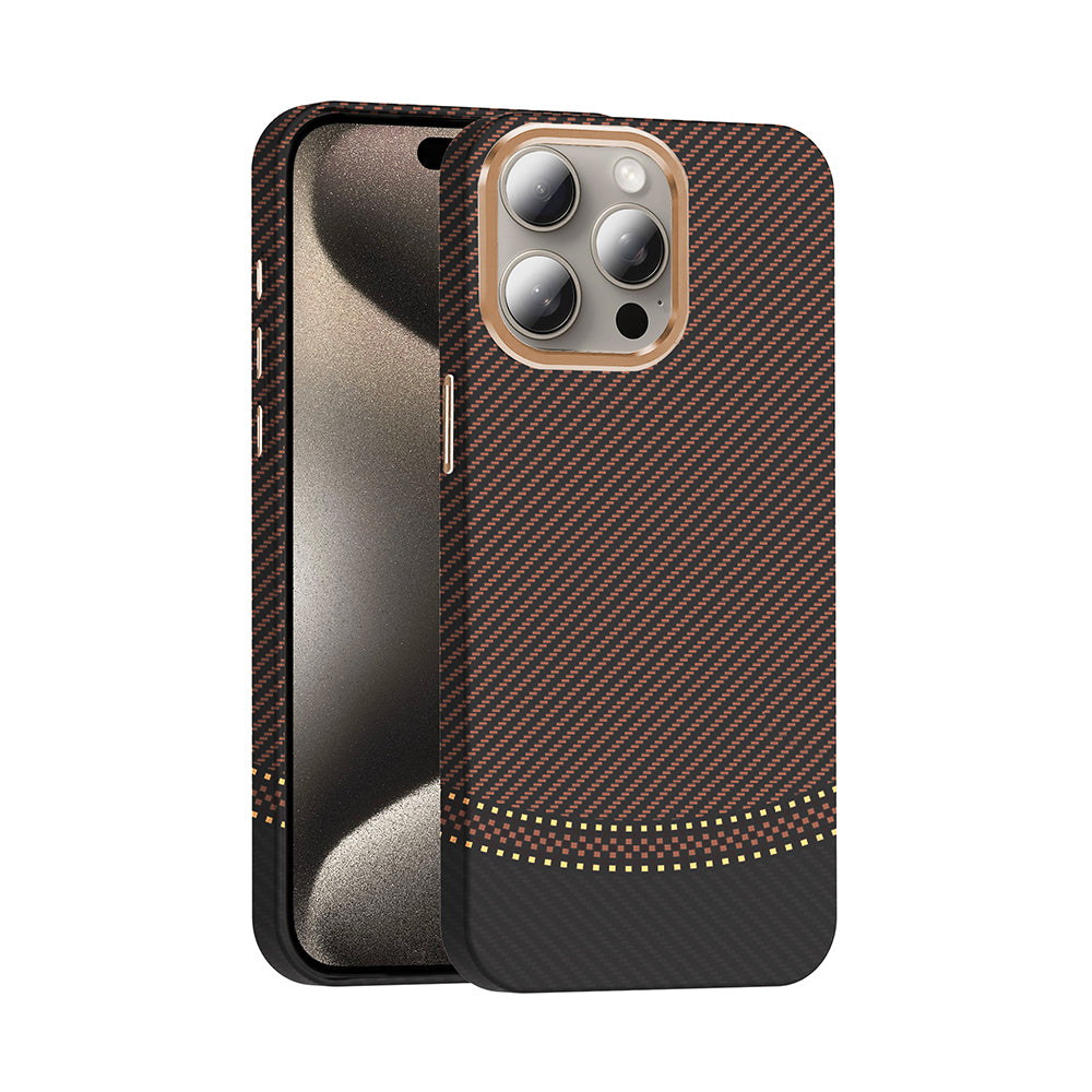 Apple iPhone 15 Pro Max Kılıf M-safe Şarj Özellikli Karbon Fiber Görünümlü Zore Gros Kapak Gold-Siyah