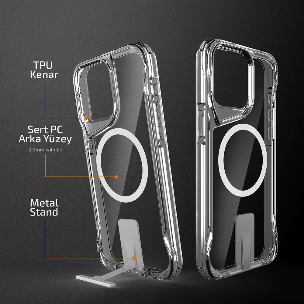 Apple iPhone 15 Pro Max Kılıf Magsafe Şarj Özellikli Zore T-Max Standlı Kapak Renksiz
