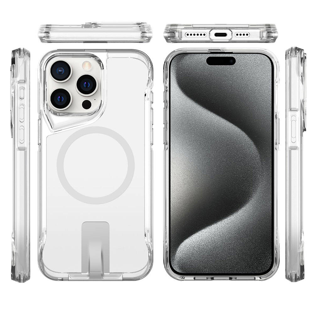 Apple iPhone 15 Pro Max Kılıf Magsafe Şarj Özellikli Zore T-Max Standlı Kapak Renksiz