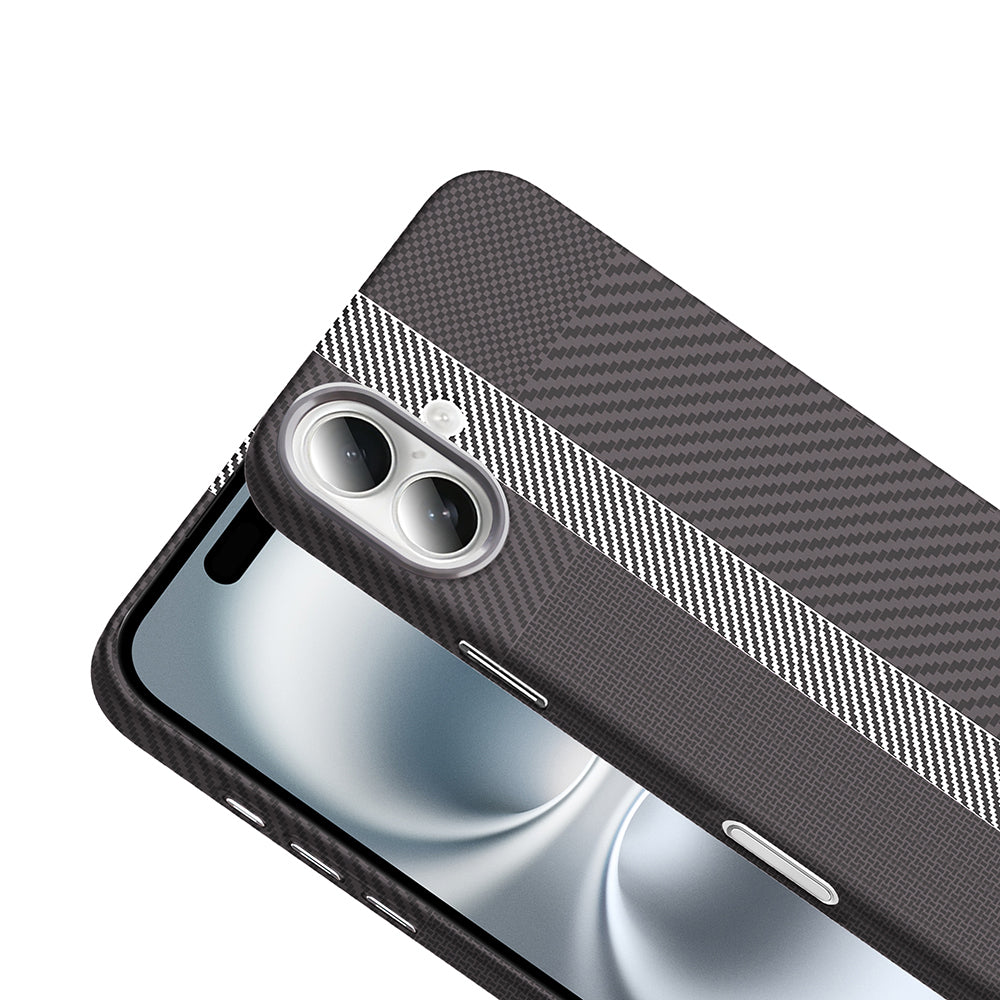 Apple iPhone 16 Kılıf M-safe Şarj Özellikli Karbon Fiber Görünümlü Zore Gros Kapak Gold-Siyah