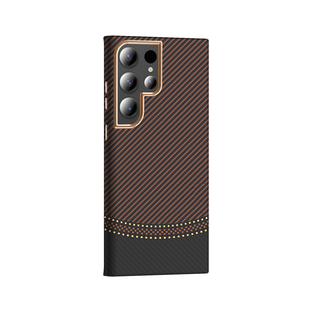 Galaxy S23 Ultra Kılıf M-safe Şarj Özellikli Karbon Fiber Görünümlü Zore Gros Kapak Gold-Siyah