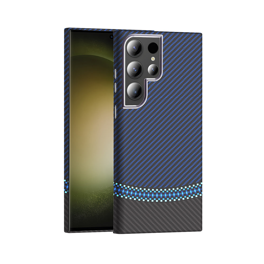 Galaxy S23 Ultra Kılıf M-safe Şarj Özellikli Karbon Fiber Görünümlü Zore Gros Kapak Siyah-Lacivert