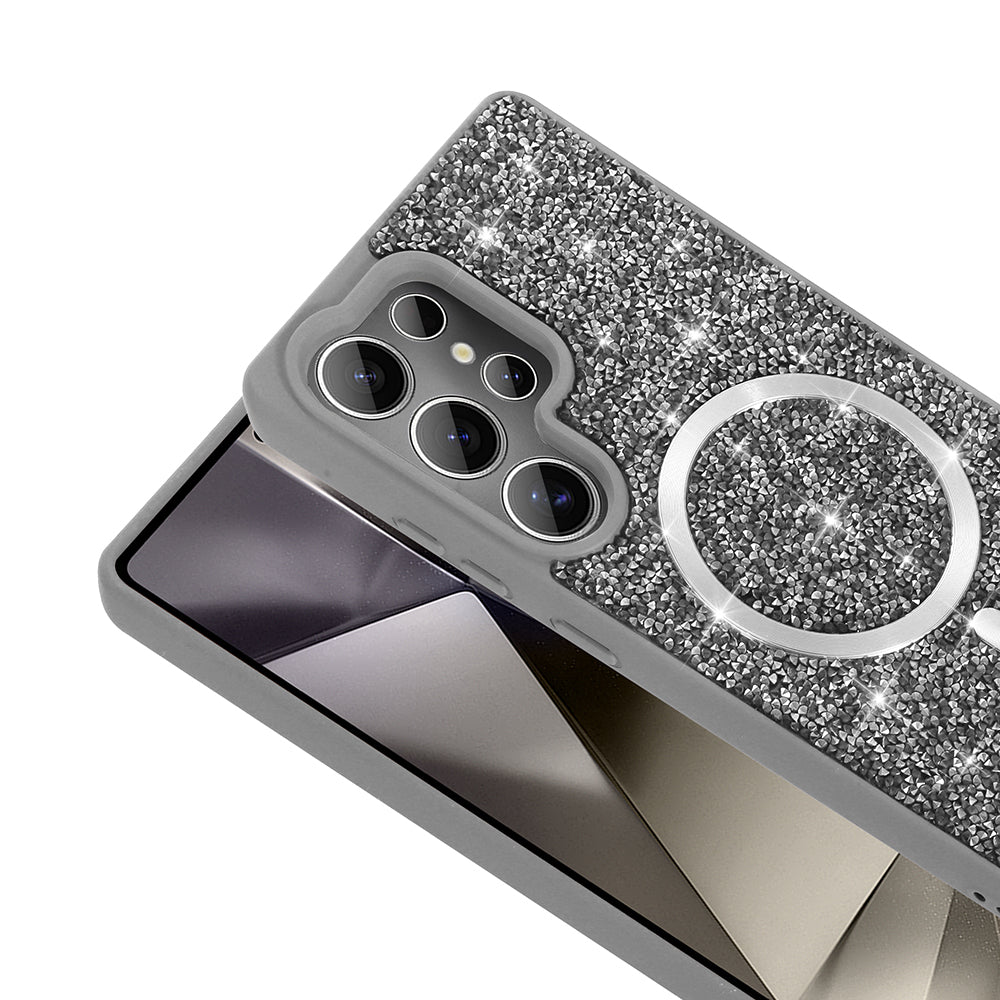 Galaxy S25 Ultra Kılıf Pırlanta Tasarımlı M-safe Şarj Özellikli Zore Mozaik Silikon Kapak Desert Titanyum