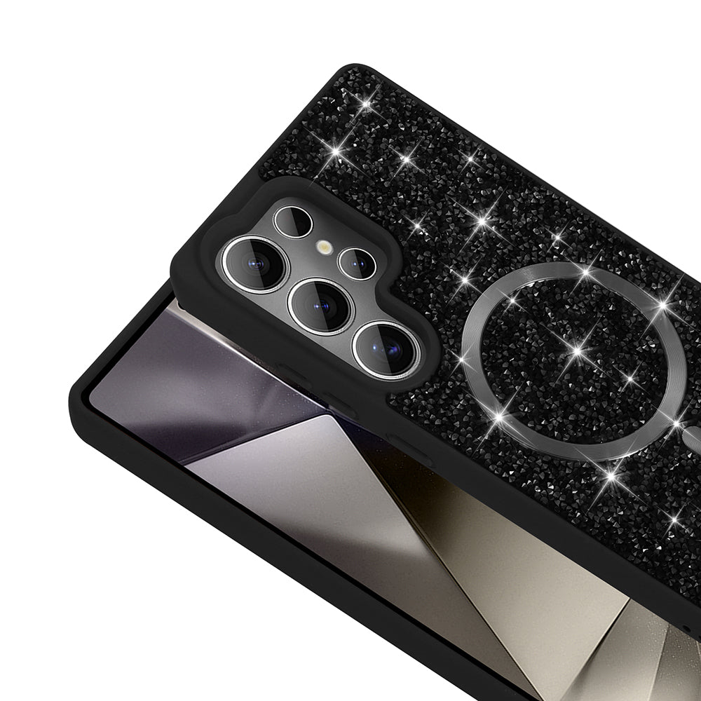 Galaxy S25 Ultra Kılıf Pırlanta Tasarımlı M-safe Şarj Özellikli Zore Mozaik Silikon Kapak Titanyum-Gri