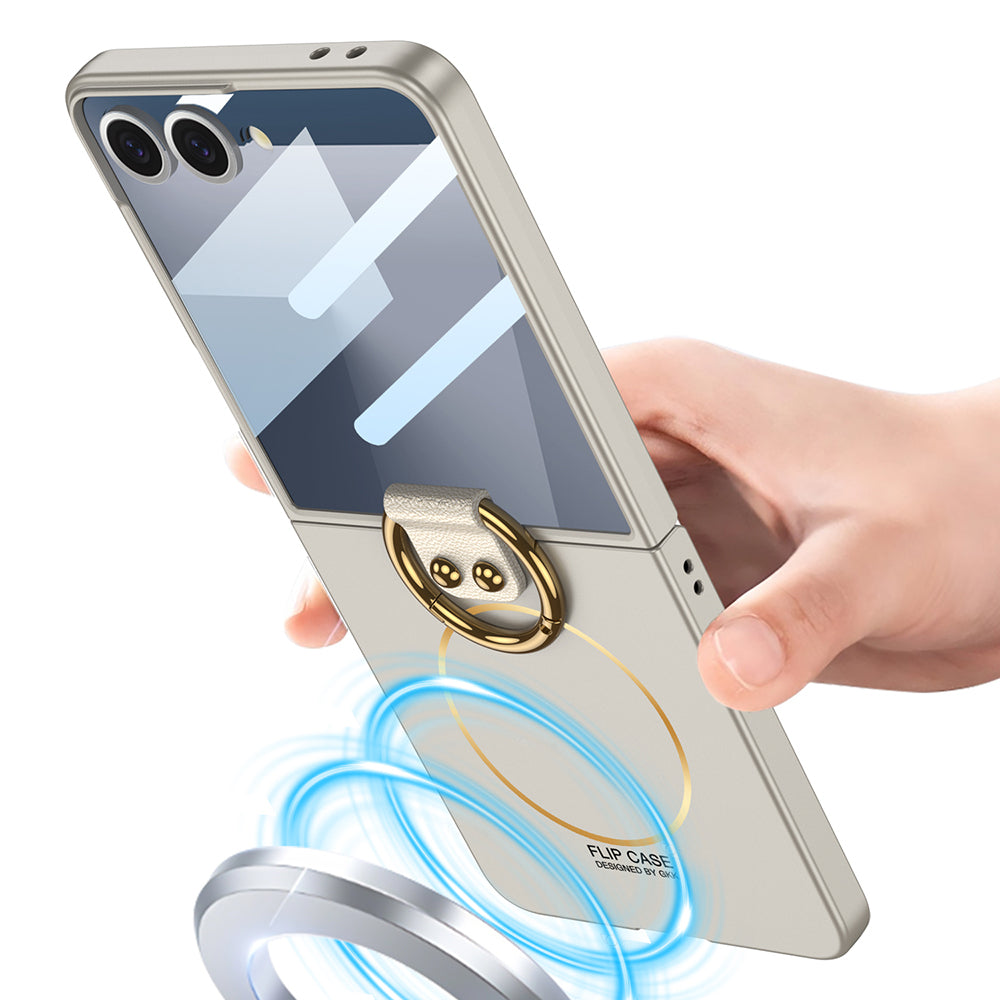 Galaxy Z Flip 7 Kılıf M-safe Şarj Özellikli Zore Kıpta Yüzüklü Flip Sert Kapak Gri