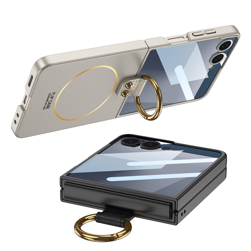 Galaxy Z Flip 7 Kılıf M-safe Şarj Özellikli Zore Kıpta Yüzüklü Flip Sert Kapak Siyah