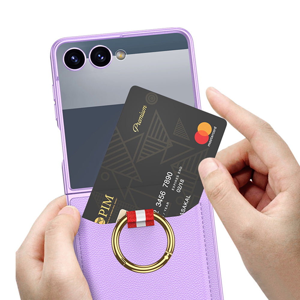 Galaxy Z Flip 7 Zore Kıpta Yüzüklü Kartlıklı Kapak Titanyum