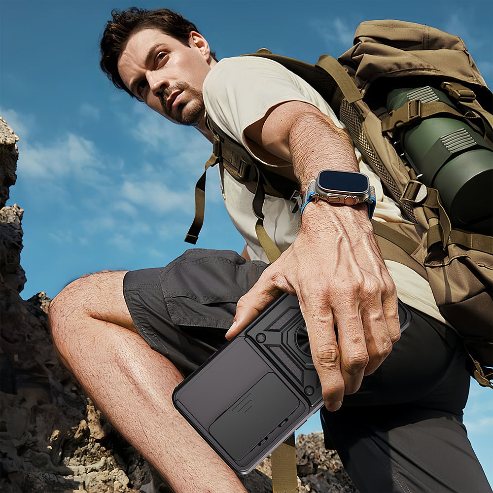 Tecno Camon 40 Pro Kılıf Magnetik Standlı Kamera Korumalı Zore Sürgülü Vega Kapak Mavi