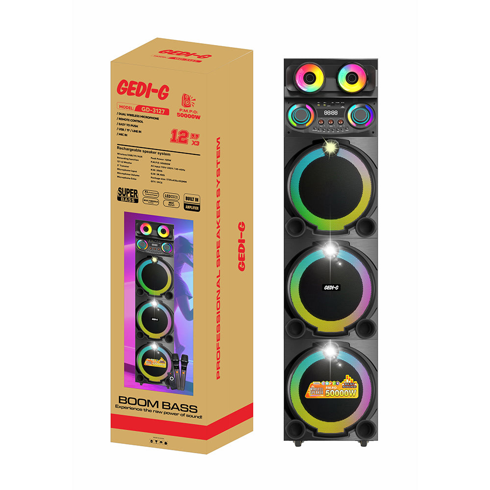 Zore GD-3127 Dijital LED Göstergeli Mikrofonlu RGB TWS Üçlü 12 inç Stereo Bass Kablosuz Karaoke Hoparlör Siyah